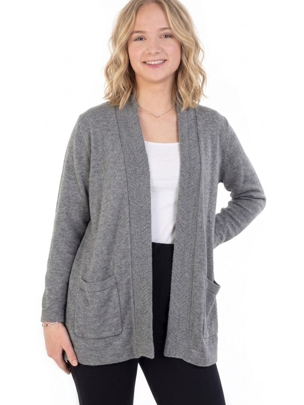 White Stuff Grey Knit Open Front Cardigan Pocket Sweater UK 18 EU 46